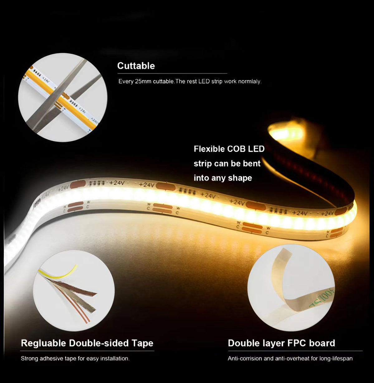 COB CCT LED traka 24V 608 LED/m – podesiva bela 3000–6500K, 10 mm