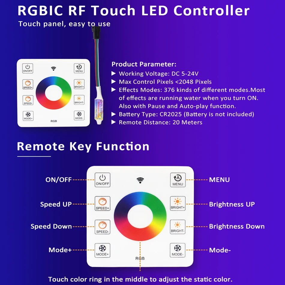 RGB LED kontroler WS2812B / WS2811 – RF daljinski na dodir za adresabilne trake - My Store