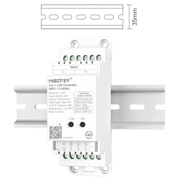MiBoxer TW5 5-u-1 LED kontroler za DIN šinu, WiFi + RF